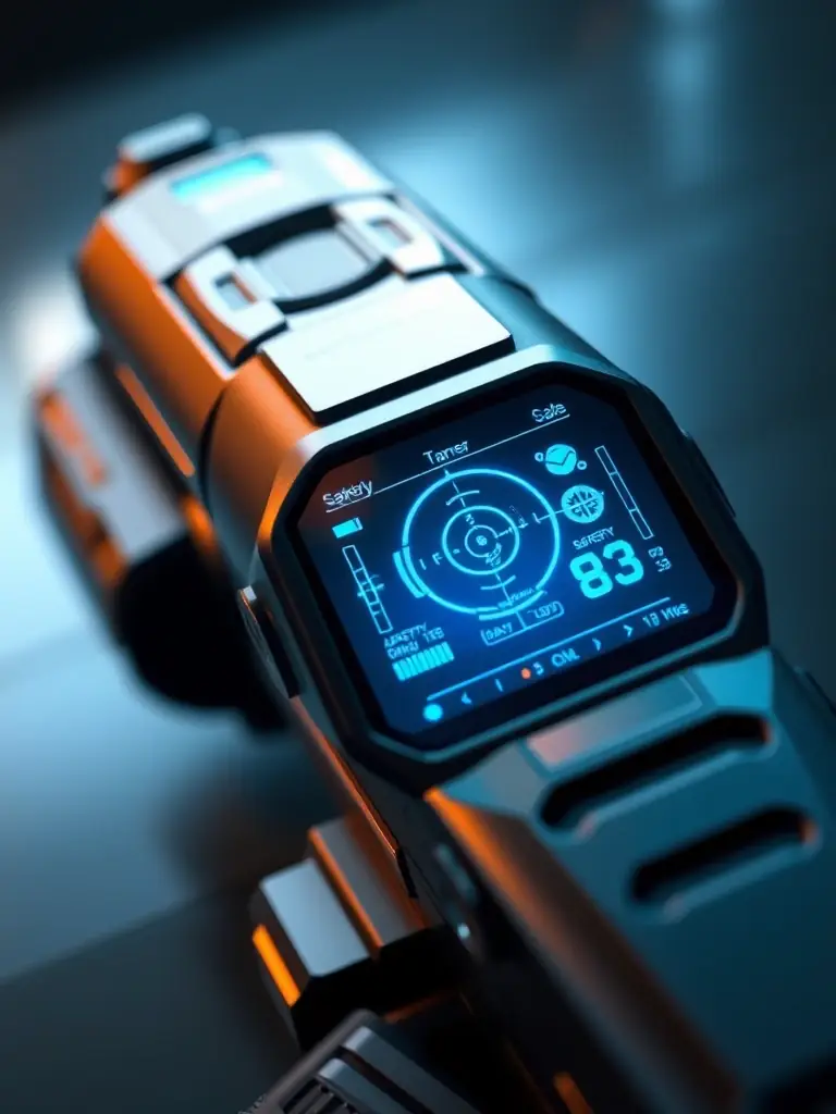 A close-up of a laser gun's digital interface, displaying targeting data and safety settings, emphasizing its high-tech features.