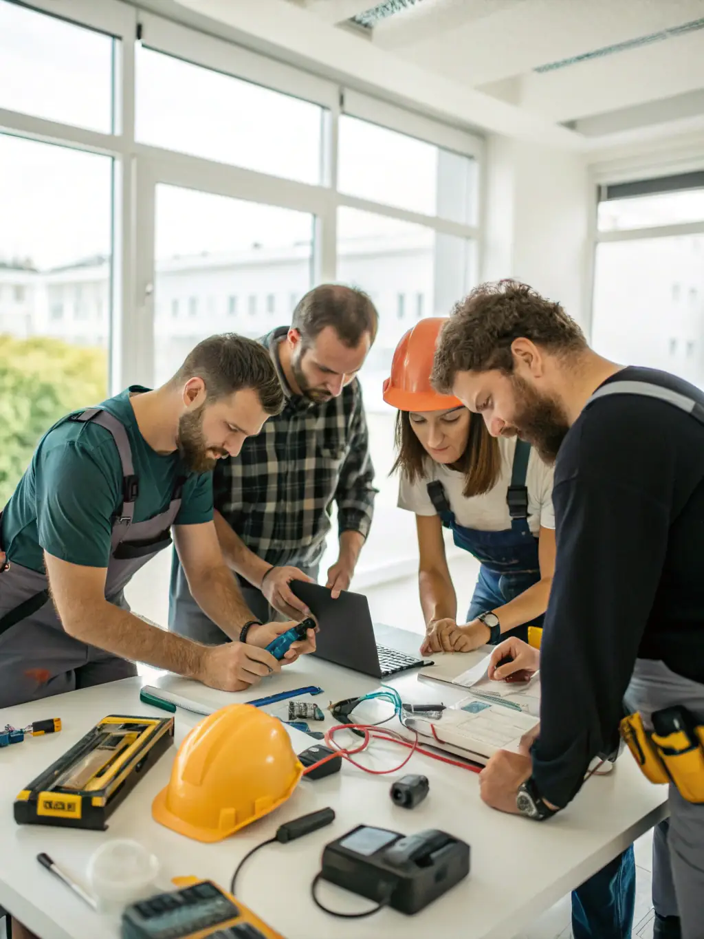 A photograph of Hi-Tech Code technicians installing smart home wiring and devices in a residential setting, ensuring seamless integration and minimal disruption.