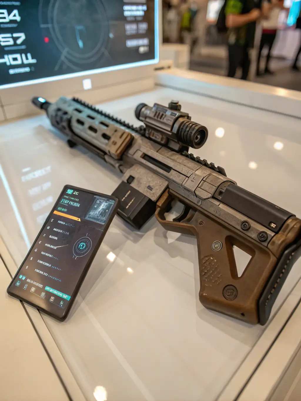 A futuristic laser gun on a stand, showcasing its sleek design and advanced targeting system, suitable for security applications.