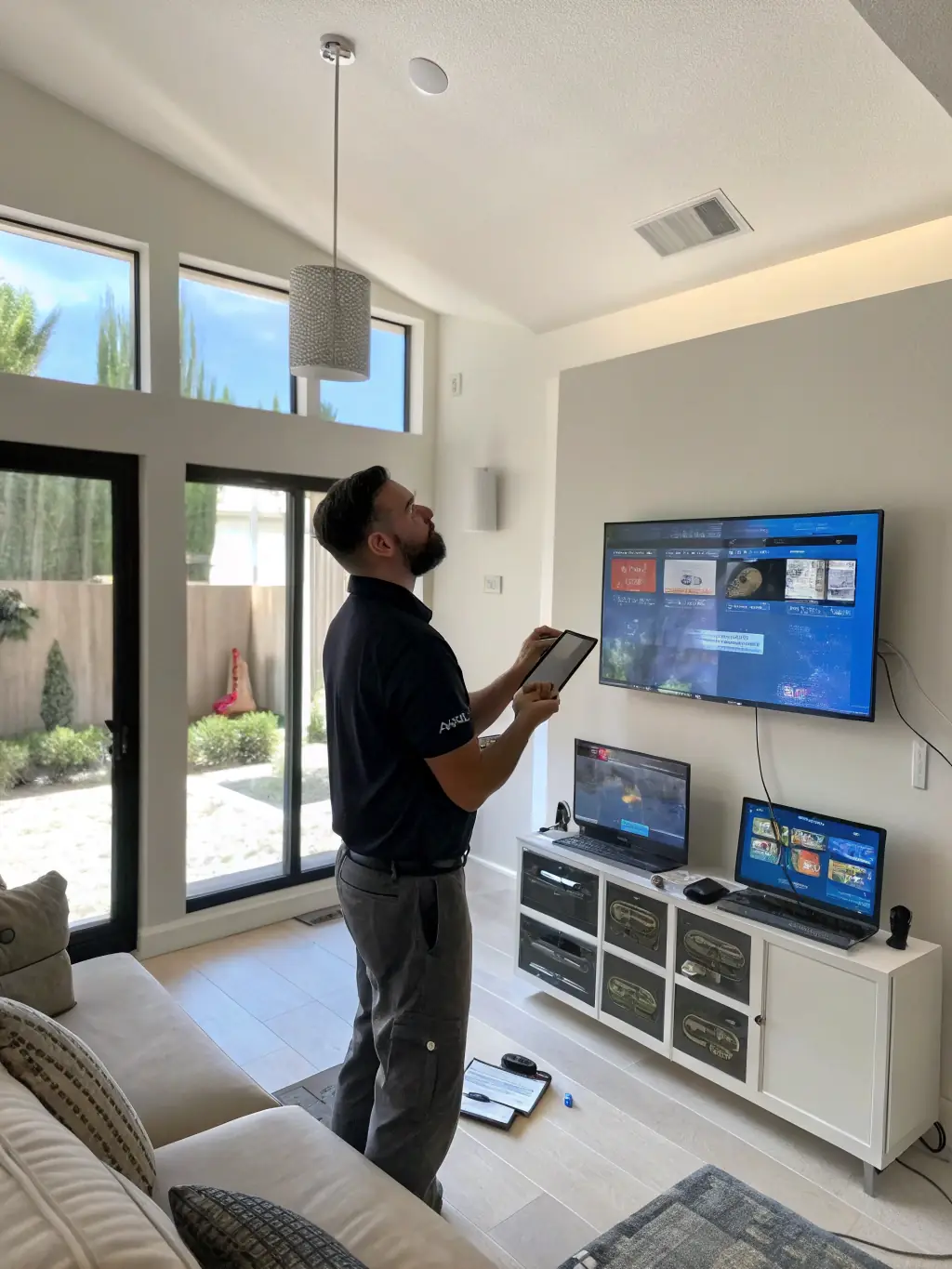 A picture of a Hi-Tech Code technician programming a smart home system using a tablet, demonstrating the setup and configuration phase.